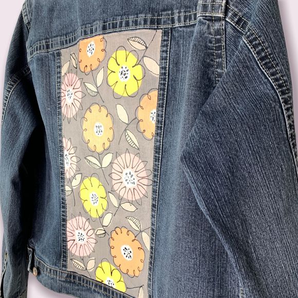 Floral Denim Jacket Hand Painted Jean Artisan Chic Country Girl Wearable Art - Picture 6 of 12